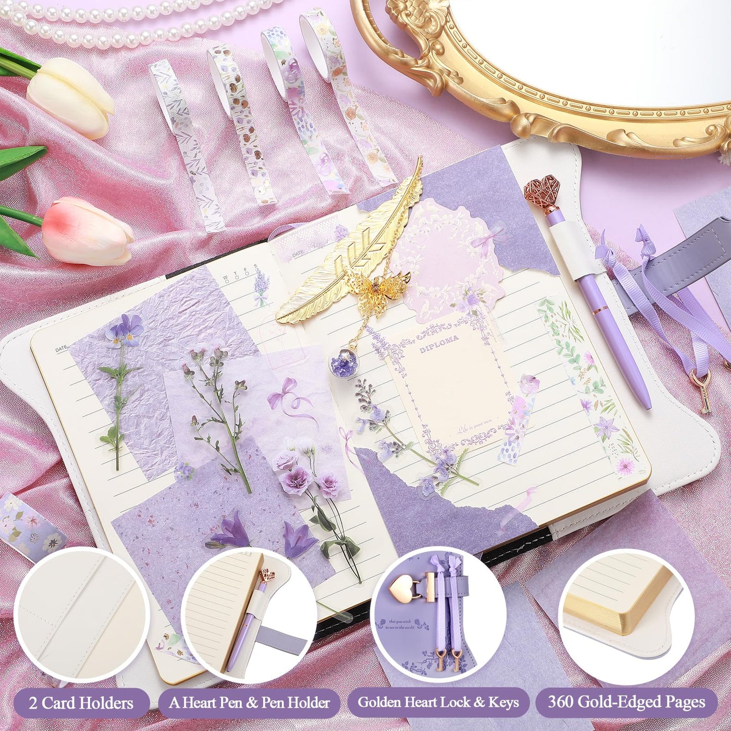 Janlaugh DIY Journal Diary with Lock – Creative Scrapbook Kit (Purple, Bright)
