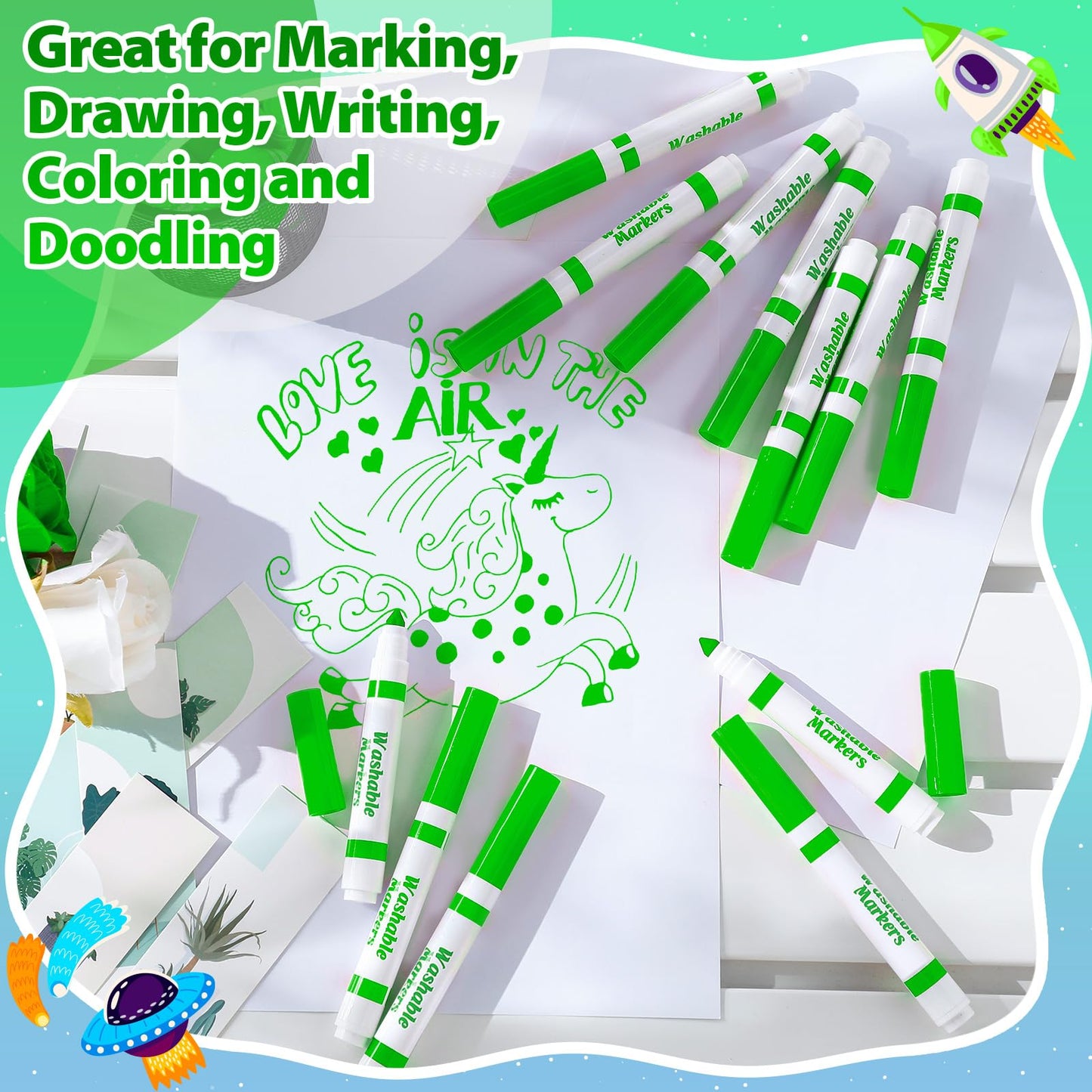 Jamlaugh 24 Pcs Light Green Washable Markers | Broad Conical Tip for Kids & Classrooms