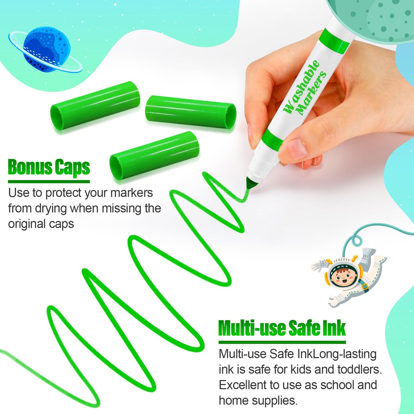 Jamlaugh 24 Pcs Light Green Washable Markers | Broad Conical Tip for Kids & Classrooms