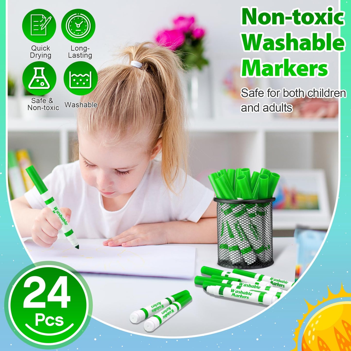 Jamlaugh 24 Pcs Light Green Washable Markers | Broad Conical Tip for Kids & Classrooms