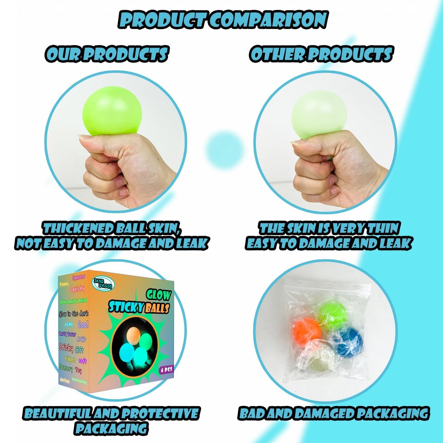 JANESVISSY Lumi Balls – Glow-in-the-Dark Ceiling Sticky Balls (4Pcs) for Play