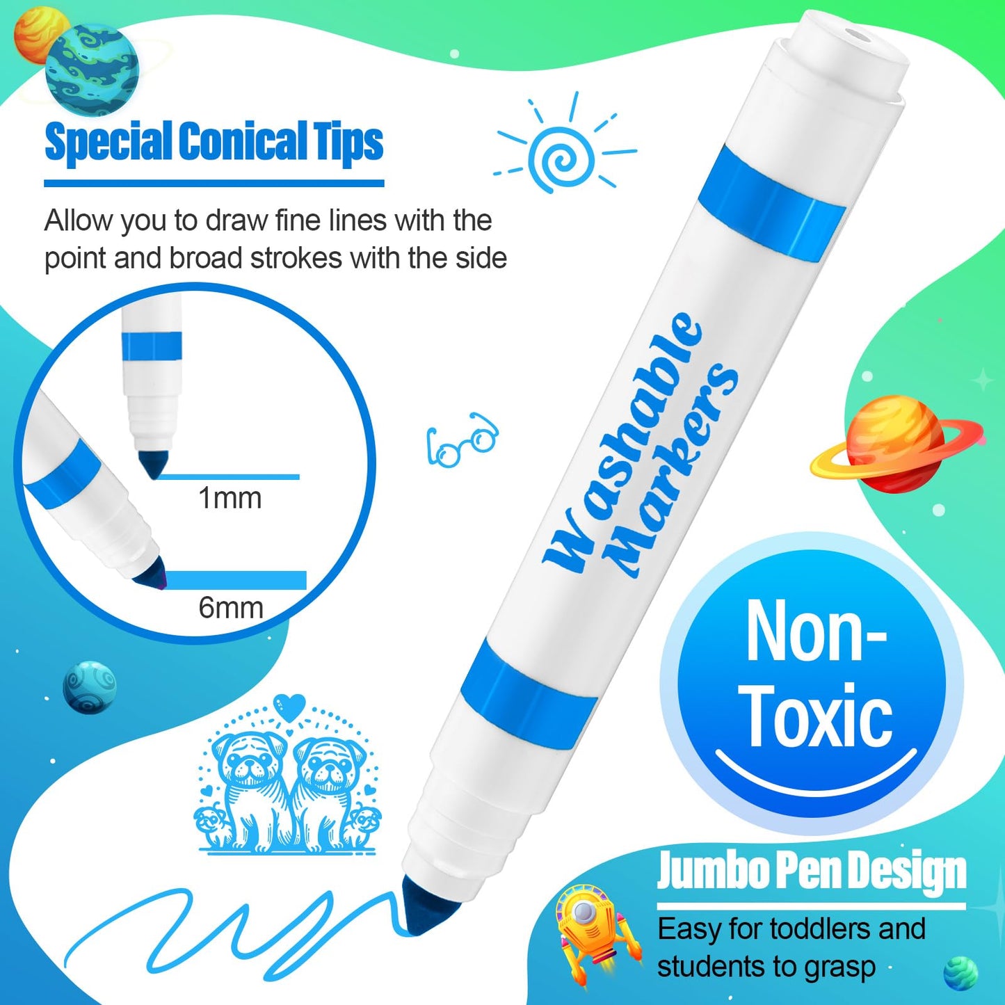Janlaugh Sky Blue Washable Markers – 24-Count Bulk, Broad-Line Conical Tip for Kids & Classrooms