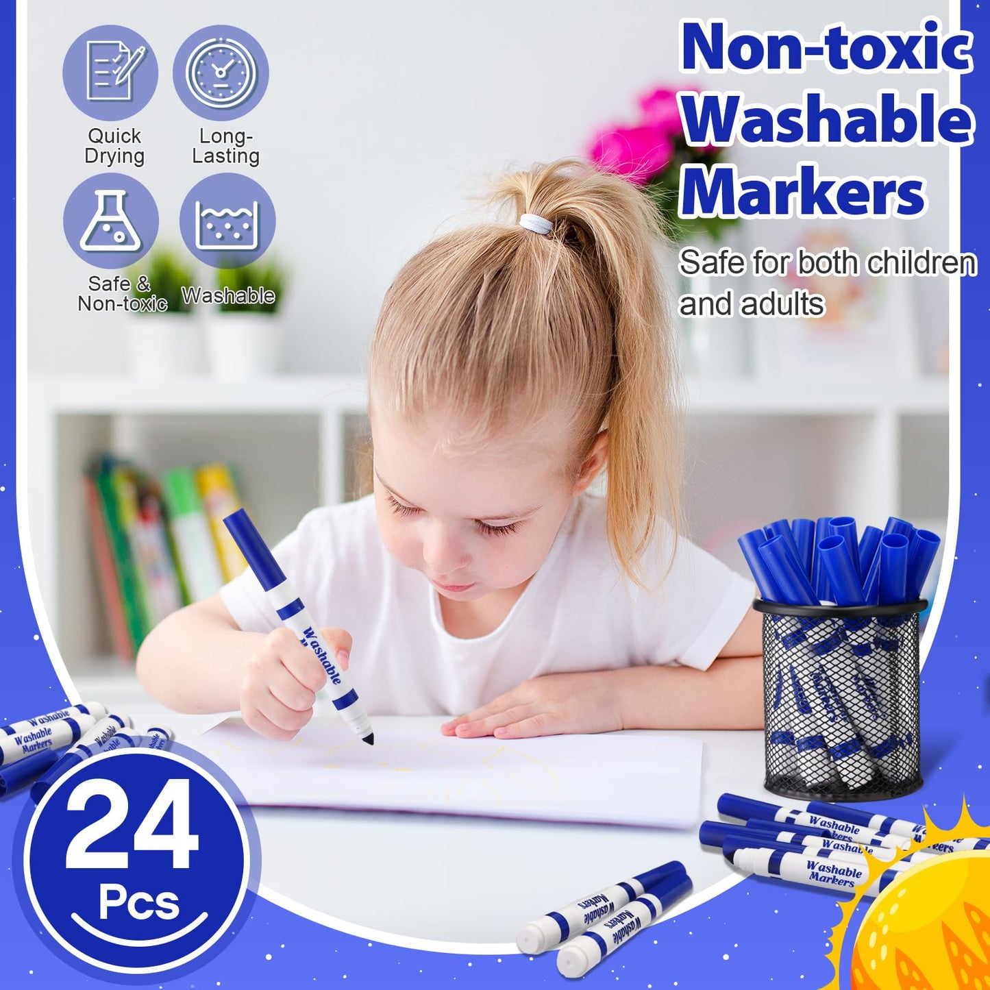 Janlaugh 24 Pcs Washable Markers Bulk Blue Broad Line Conical Tip