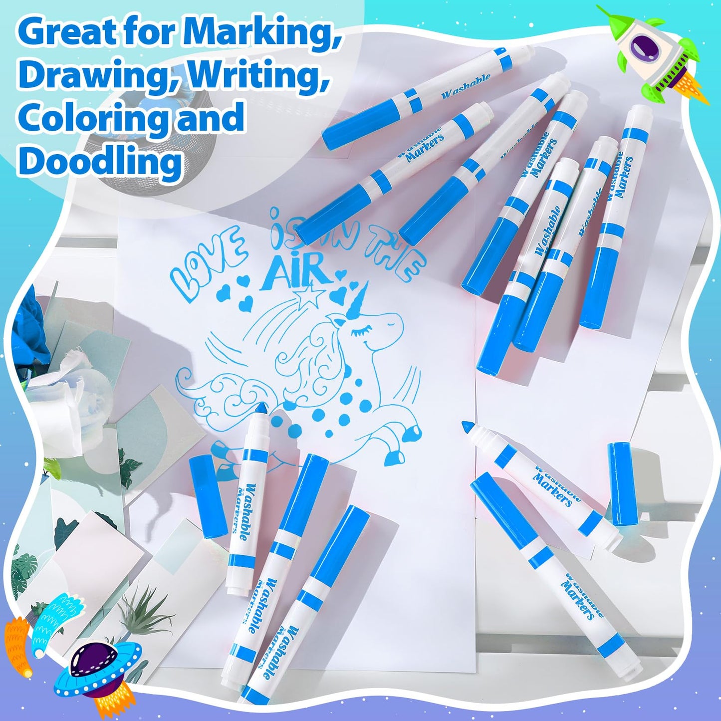 Janlaugh Sky Blue Washable Markers – 24-Count Bulk, Broad-Line Conical Tip for Kids & Classrooms
