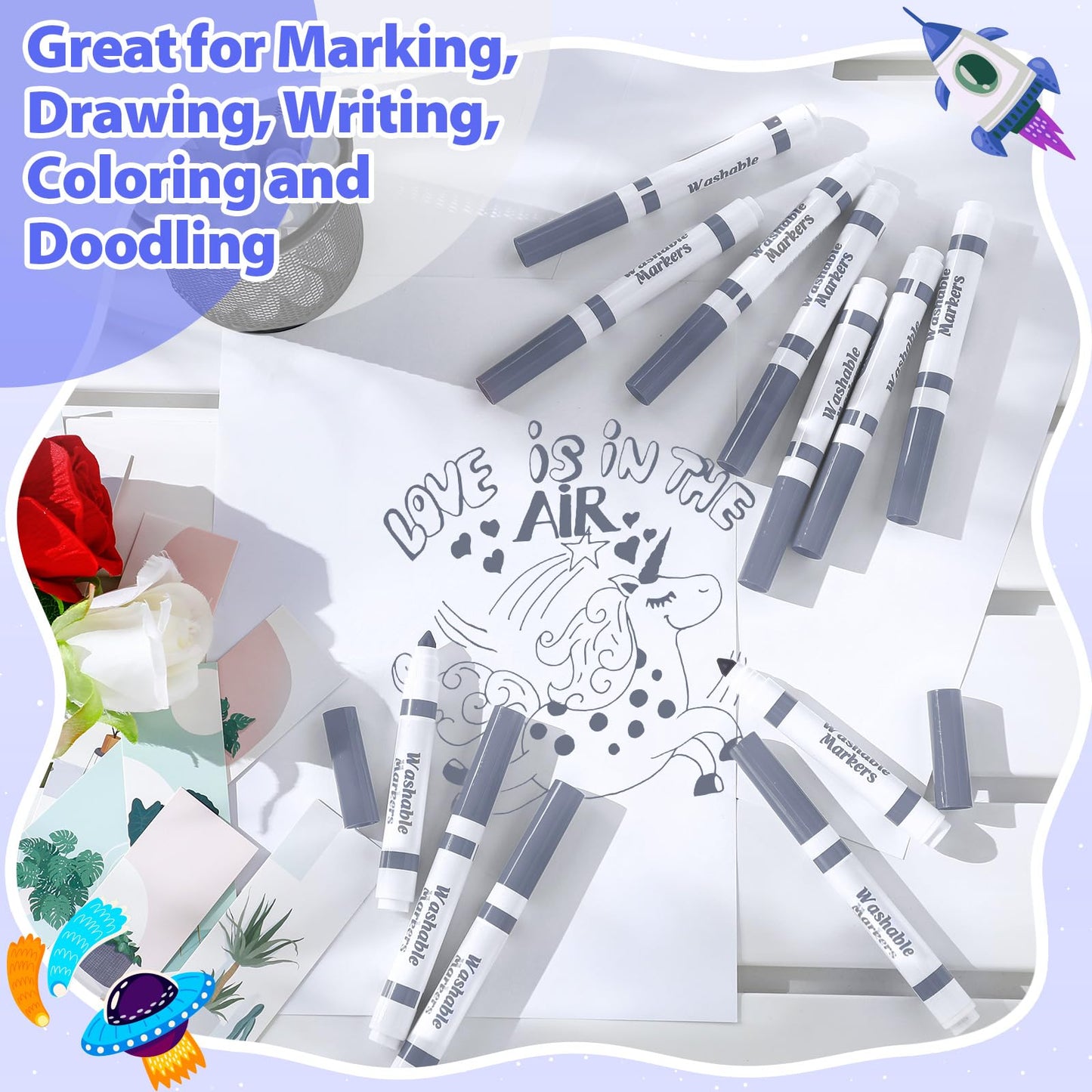 Janlaugh 24 Pcs Washable Gray Markers — Broad Line Conical Tip for Kids & Classrooms