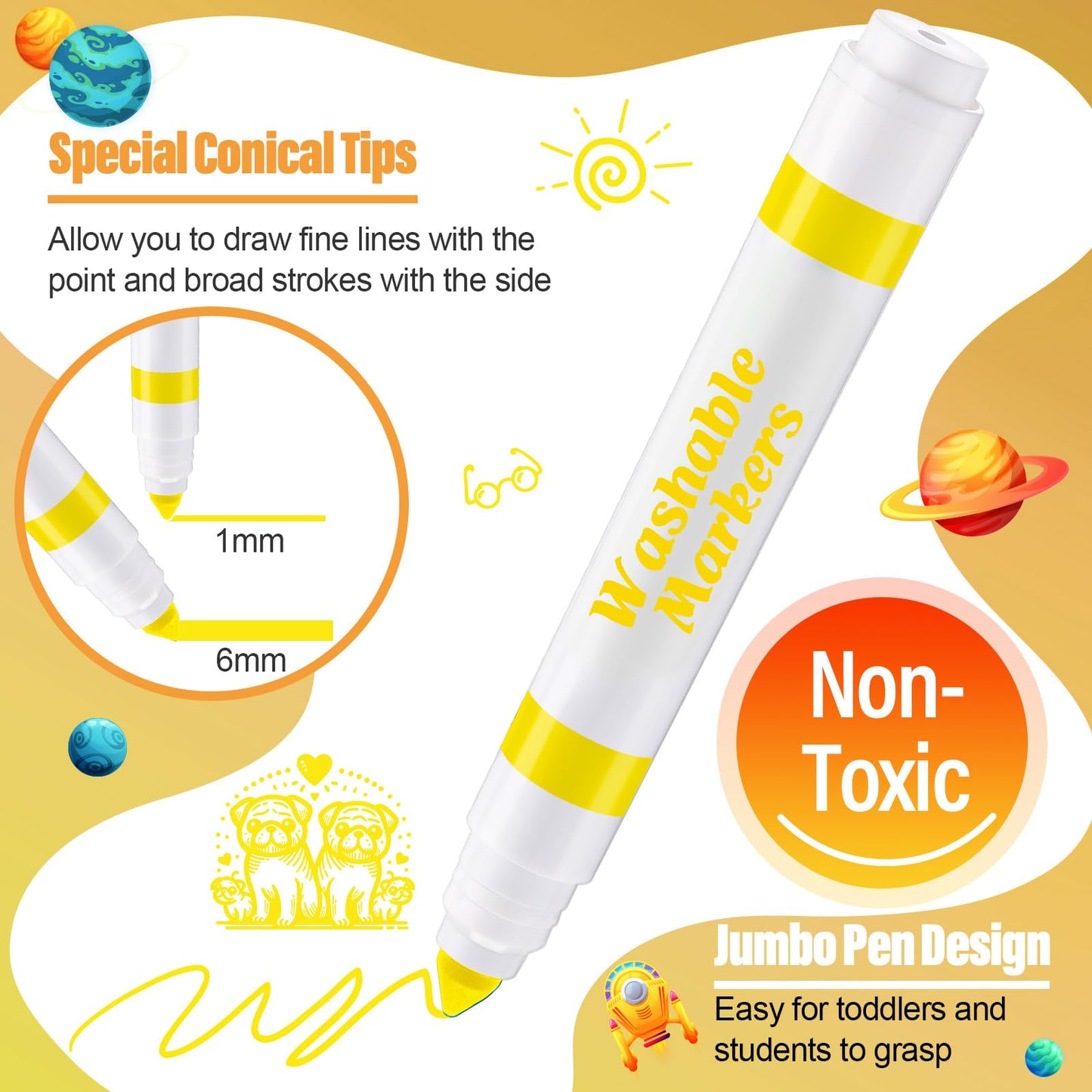 Janlaugh 24 Pcs Washable Markers Bulk – Yellow Conical Tip Broad Line Markers for Kids, Classroom & DIY Projects