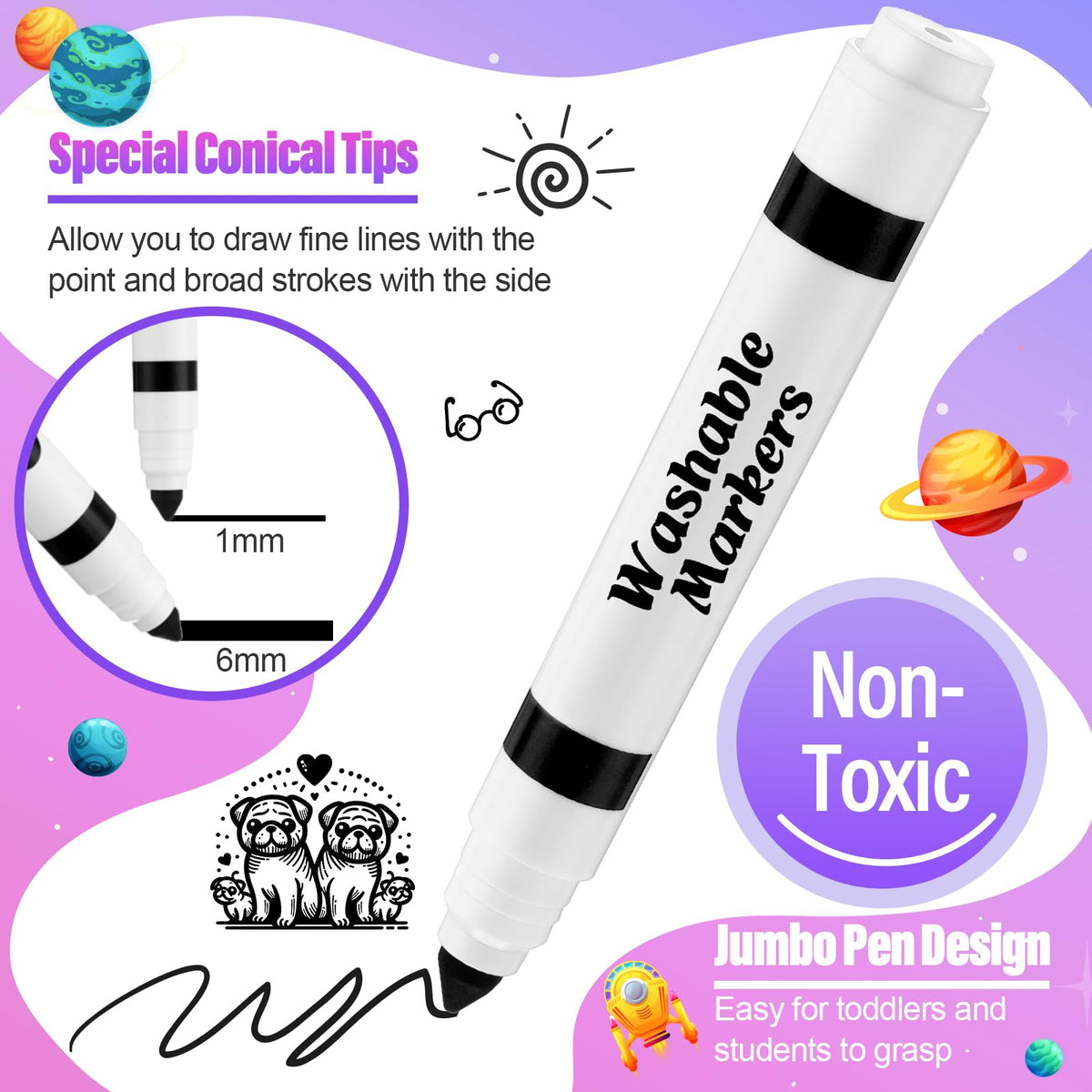 Janlaugh 24 Pcs Washable Black Markers – Bulk Broad Line Conical Tip