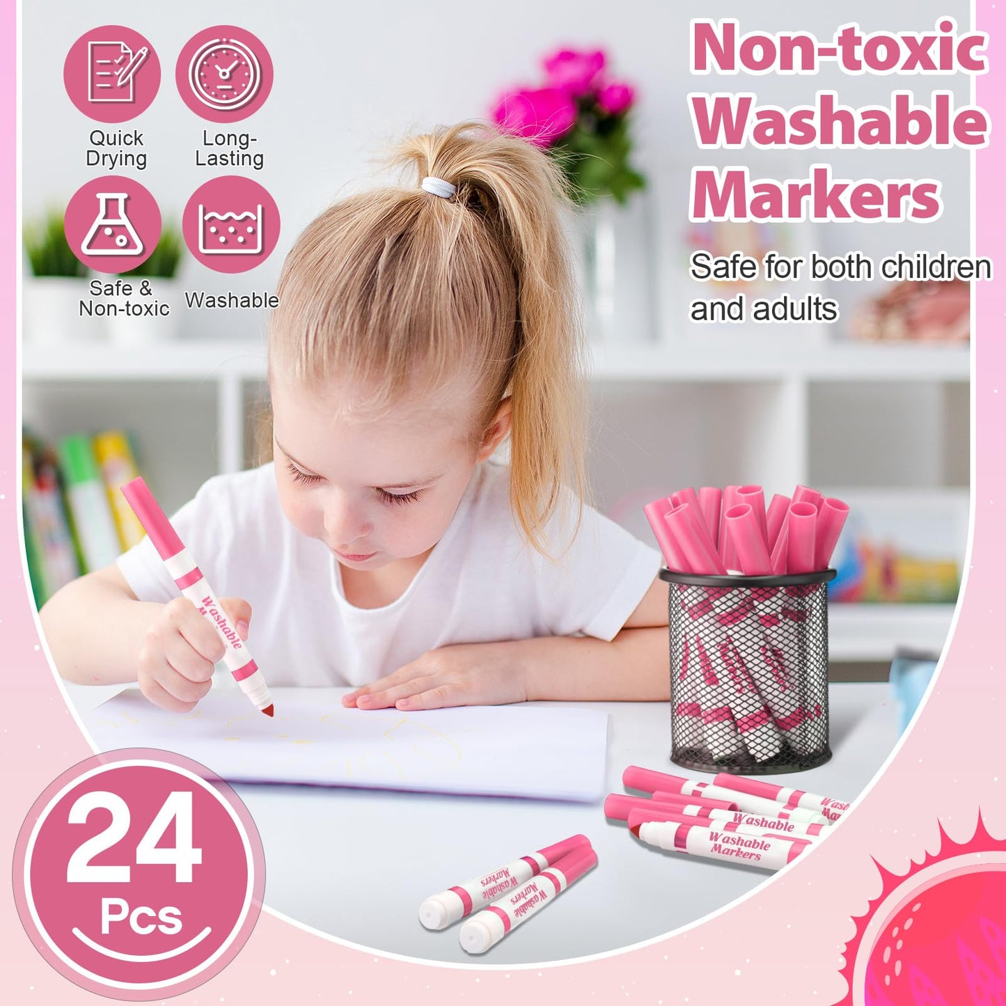 Janlaugh 24 Pcs Washable Markers Bulk – Light Pink Broad Line Conical Tip for Kids, Classrooms, and Crafts