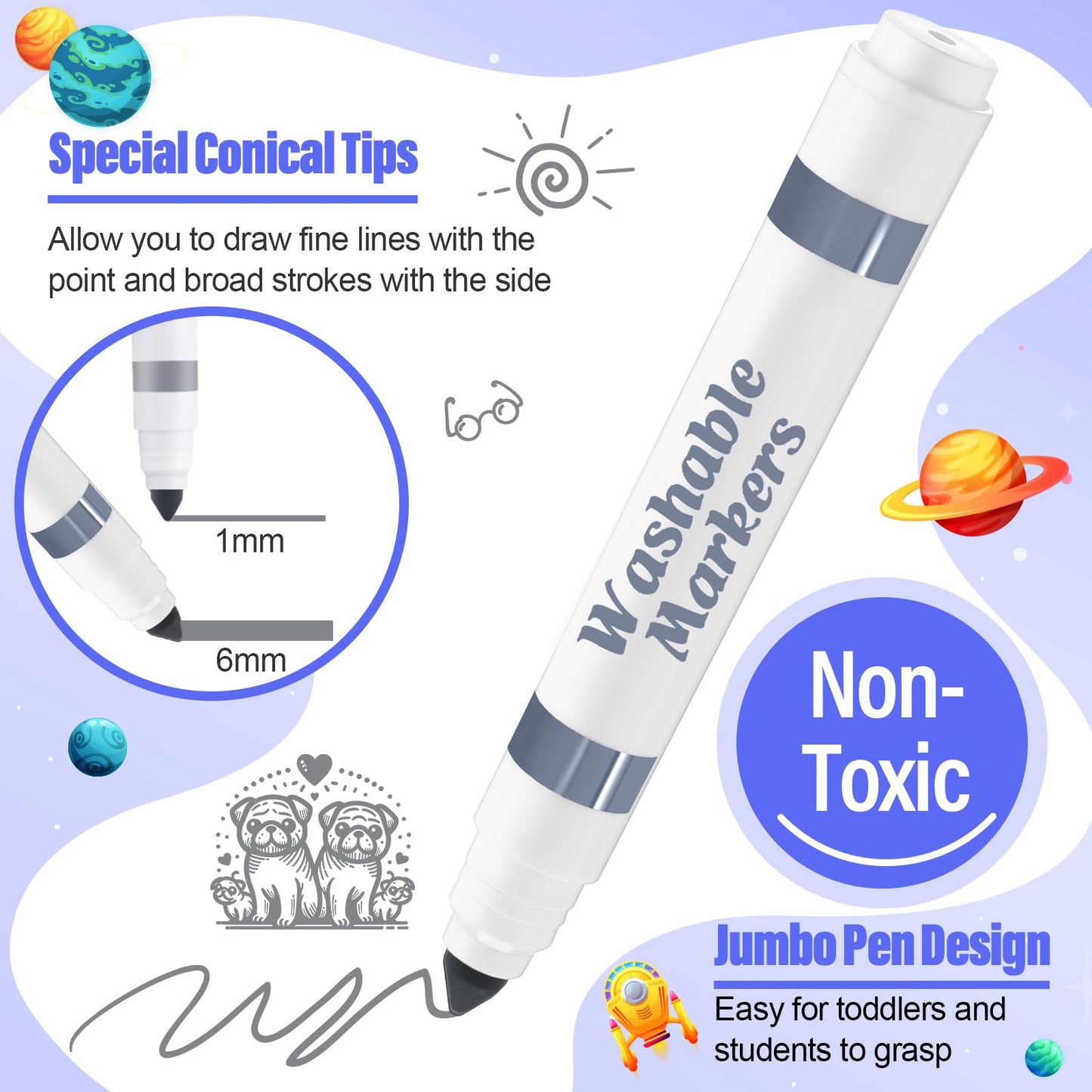 Janlaugh 24 Pcs Washable Gray Markers — Broad Line Conical Tip for Kids & Classrooms