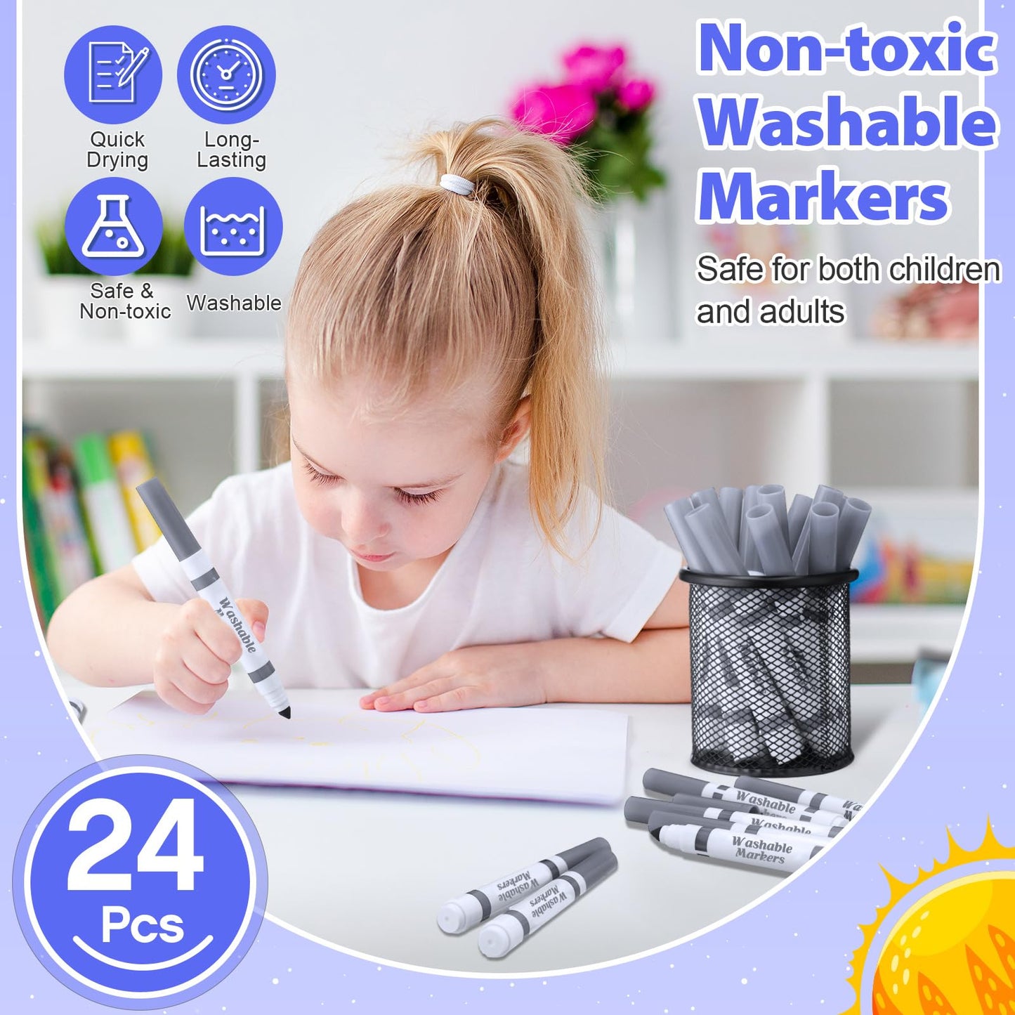 Janlaugh 24 Pcs Washable Gray Markers — Broad Line Conical Tip for Kids & Classrooms