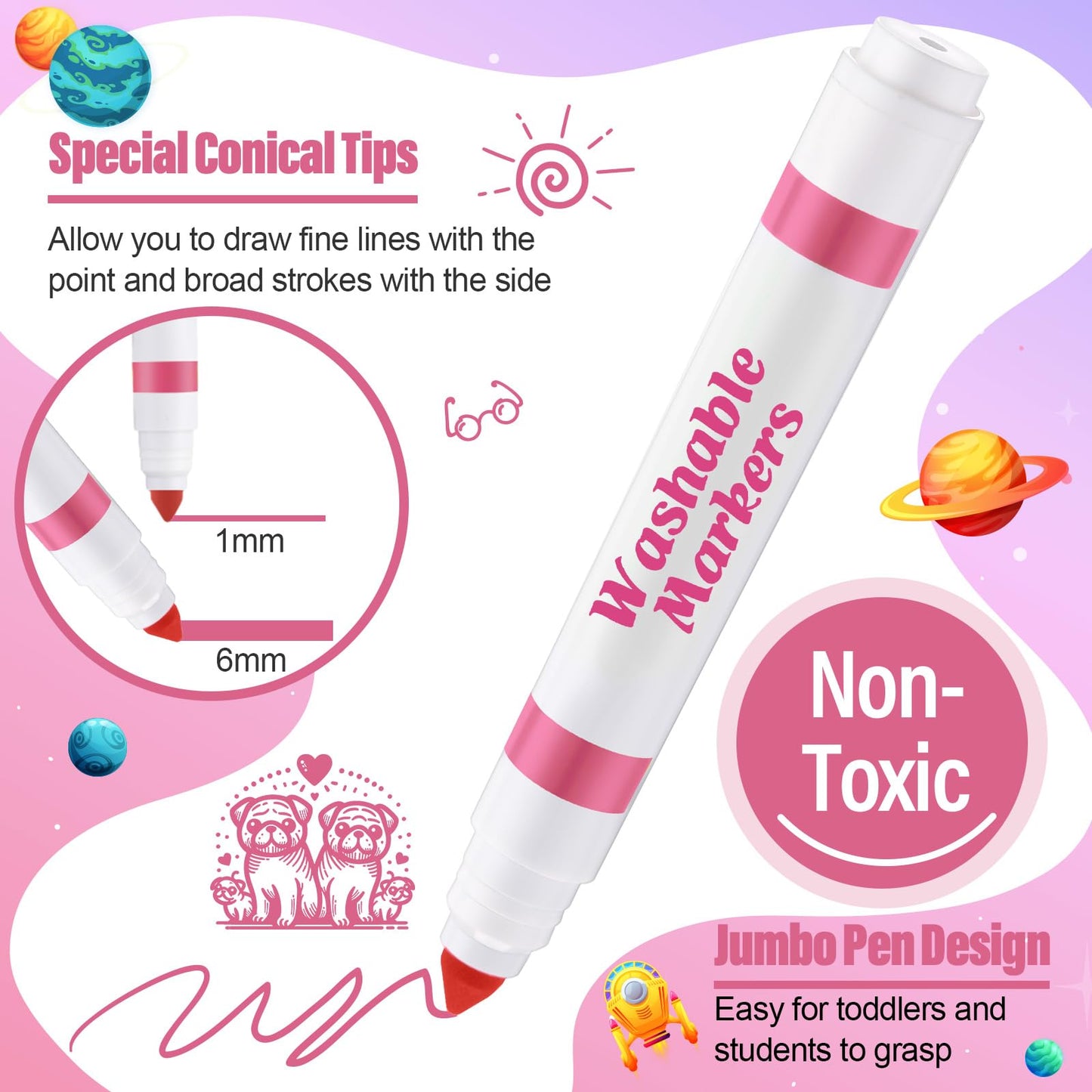Janlaugh 24 Pcs Washable Markers Bulk – Light Pink Broad Line Conical Tip for Kids, Classrooms, and Crafts