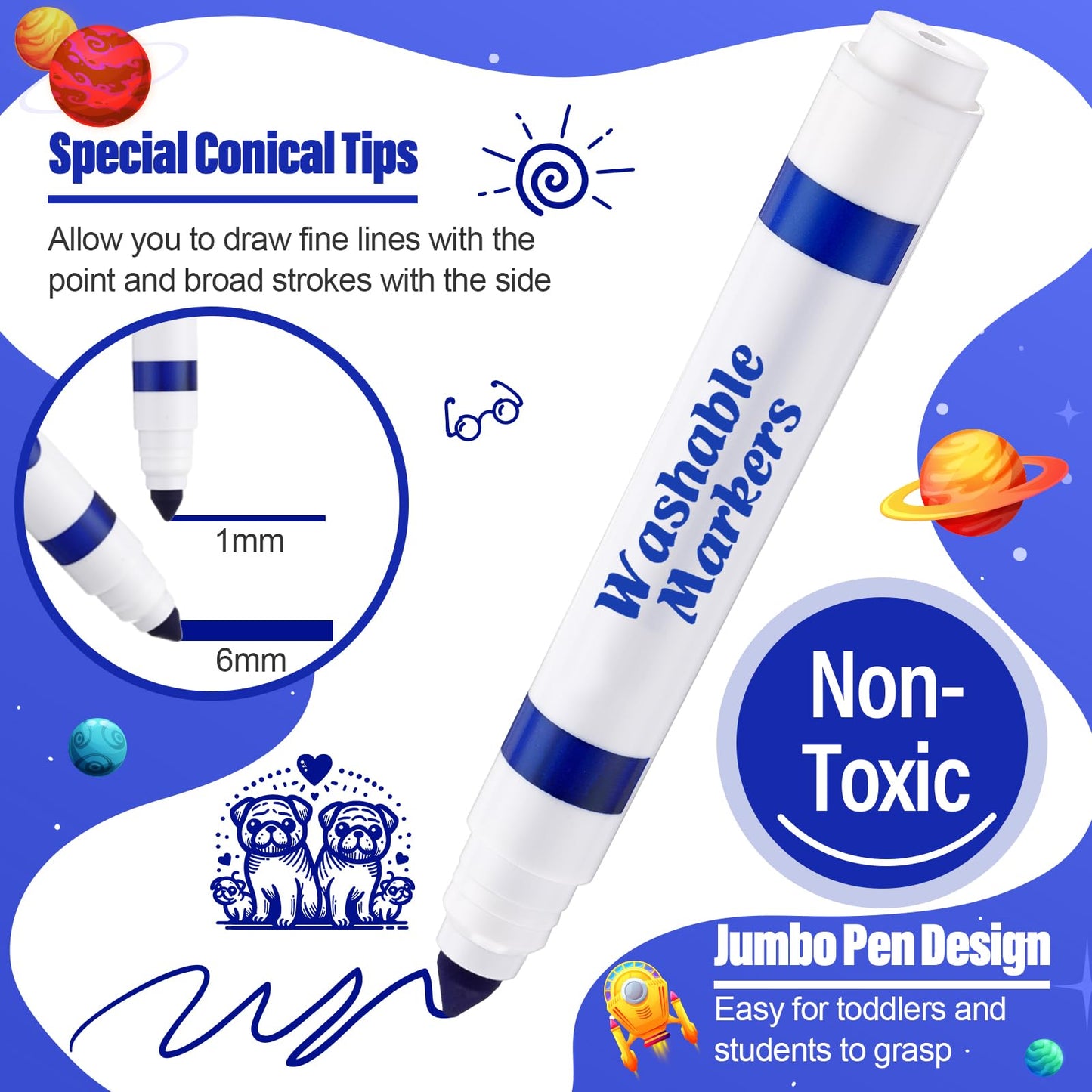 Janlaugh 24 Pcs Washable Markers Bulk Blue Broad Line Conical Tip