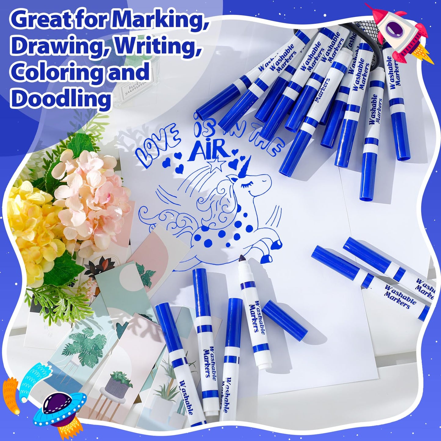 Janlaugh 24 Pcs Washable Markers Bulk Blue Broad Line Conical Tip