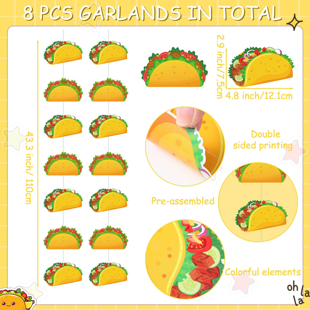 Janlaugh 8 Pcs Taco Banner Garland Fiesta Cinco de Mayo Party Decor