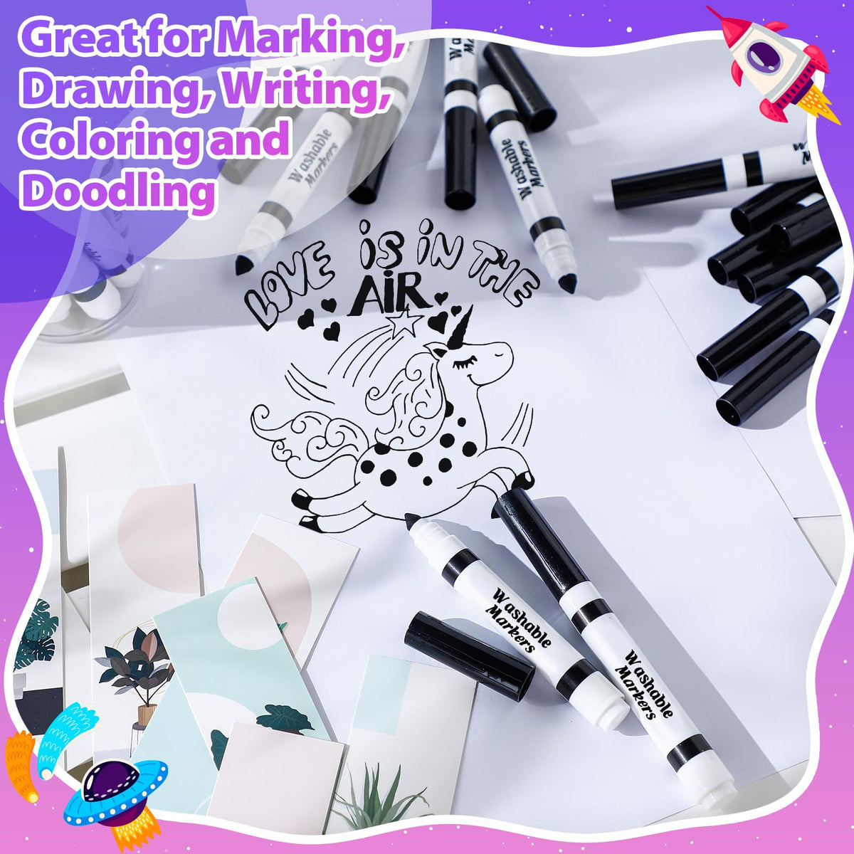 Janlaugh 24 Pcs Washable Black Markers – Bulk Broad Line Conical Tip