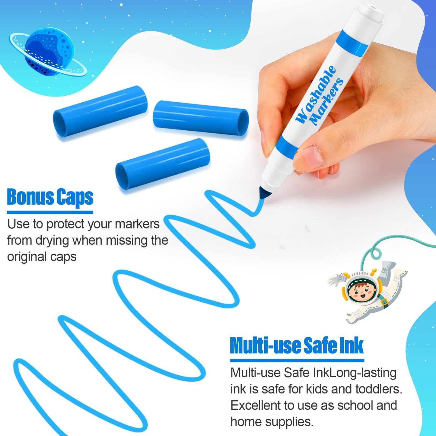 Janlaugh Sky Blue Washable Markers – 24-Count Bulk, Broad-Line Conical Tip for Kids & Classrooms