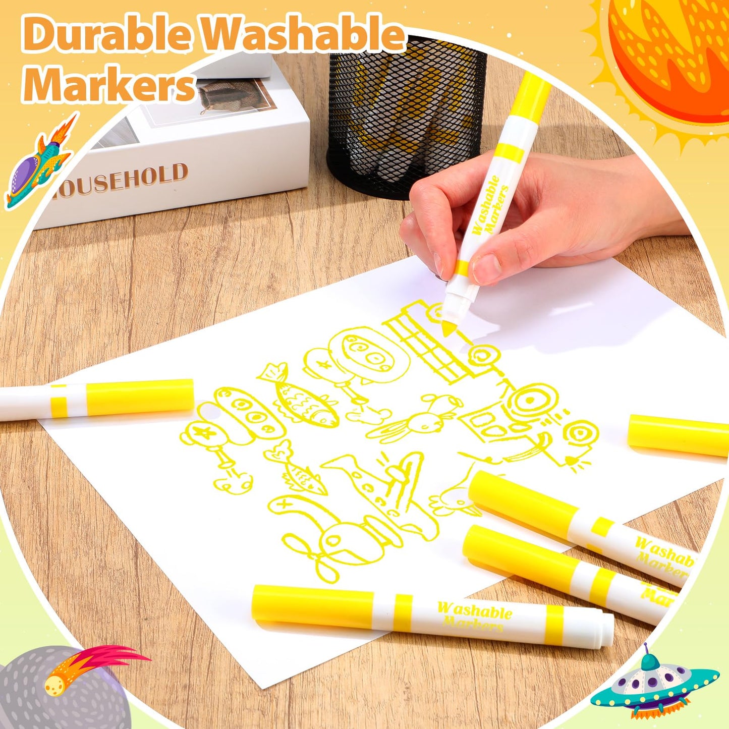 Janlaugh 24 Pcs Washable Markers Bulk – Yellow Conical Tip Broad Line Markers for Kids, Classroom & DIY Projects