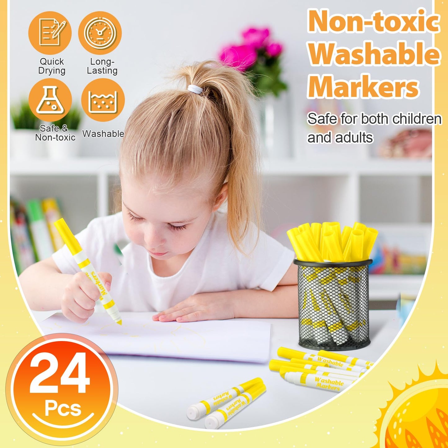 Janlaugh 24 Pcs Washable Markers Bulk – Yellow Conical Tip Broad Line Markers for Kids, Classroom & DIY Projects