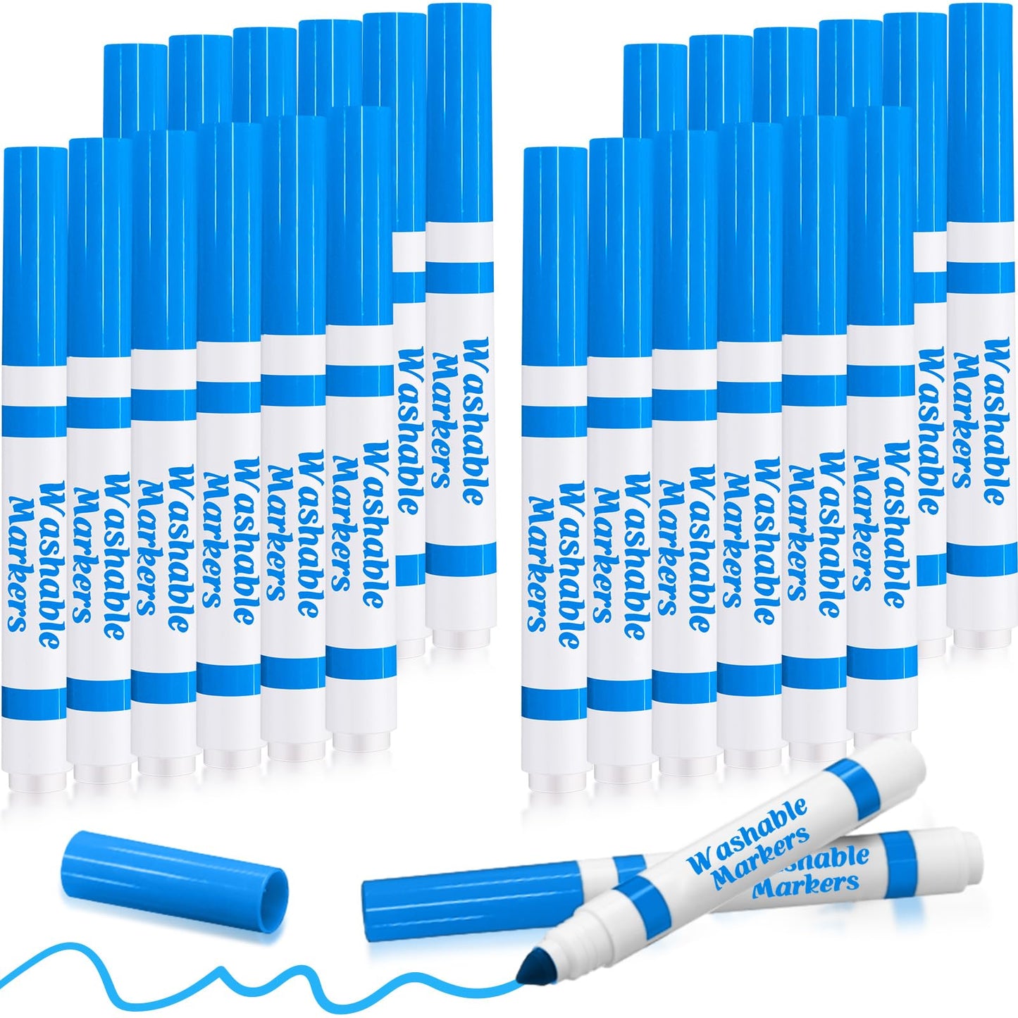 Janlaugh Sky Blue Washable Markers – 24-Count Bulk, Broad-Line Conical Tip for Kids & Classrooms