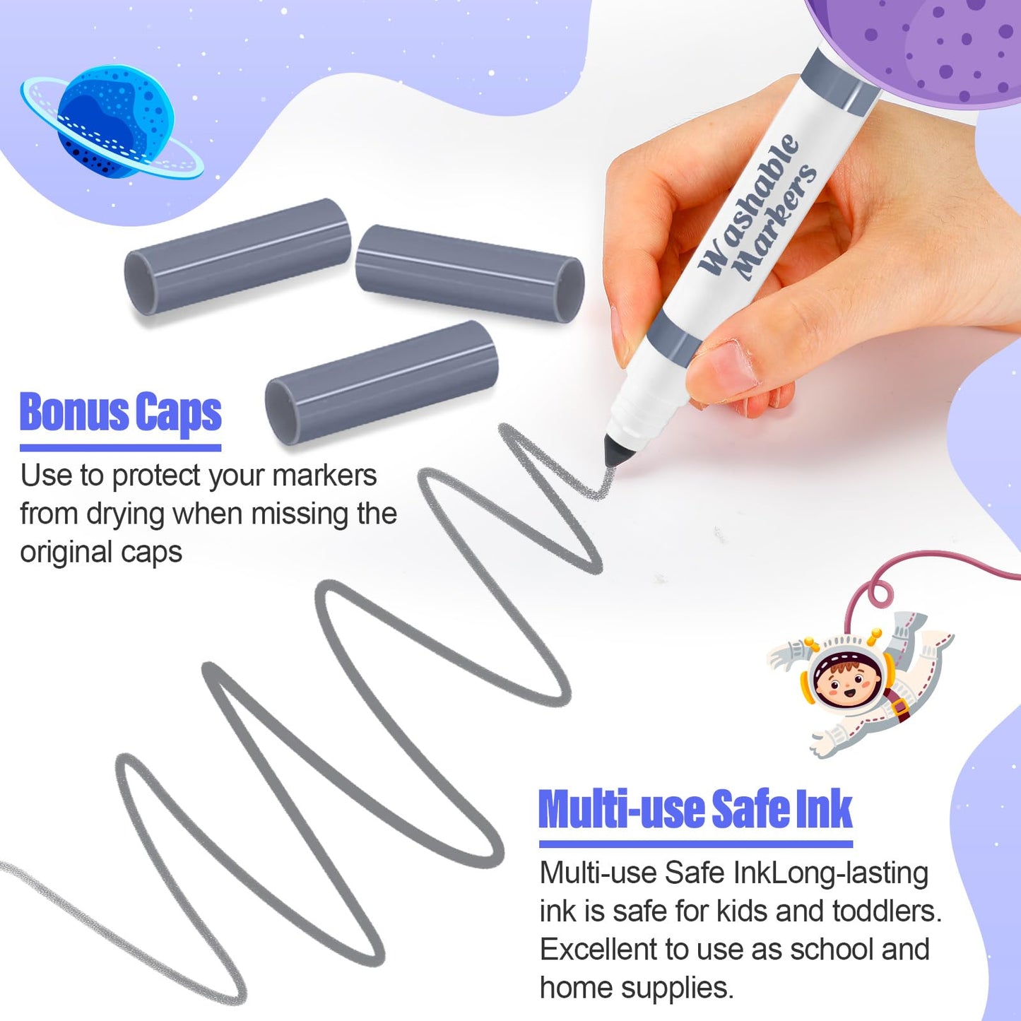 Janlaugh 24 Pcs Washable Gray Markers — Broad Line Conical Tip for Kids & Classrooms