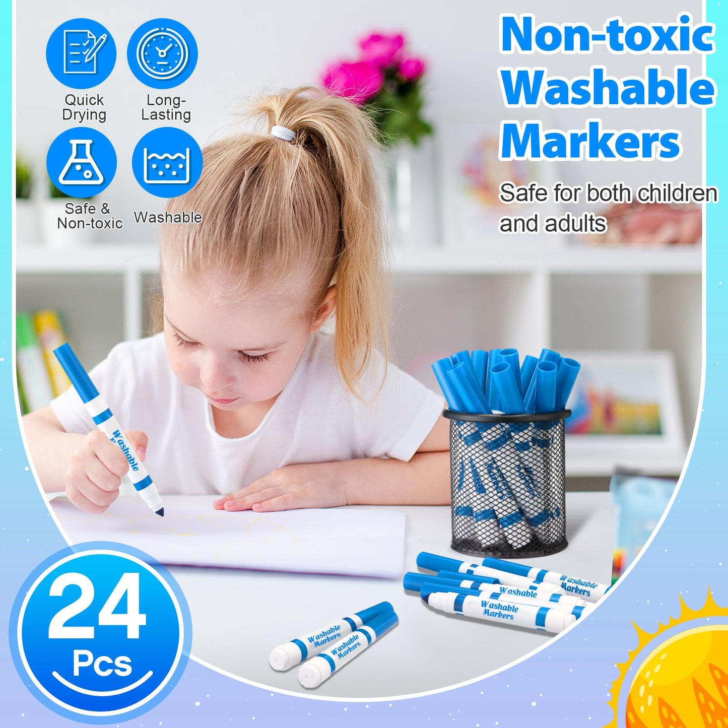 Janlaugh Sky Blue Washable Markers – 24-Count Bulk, Broad-Line Conical Tip for Kids & Classrooms