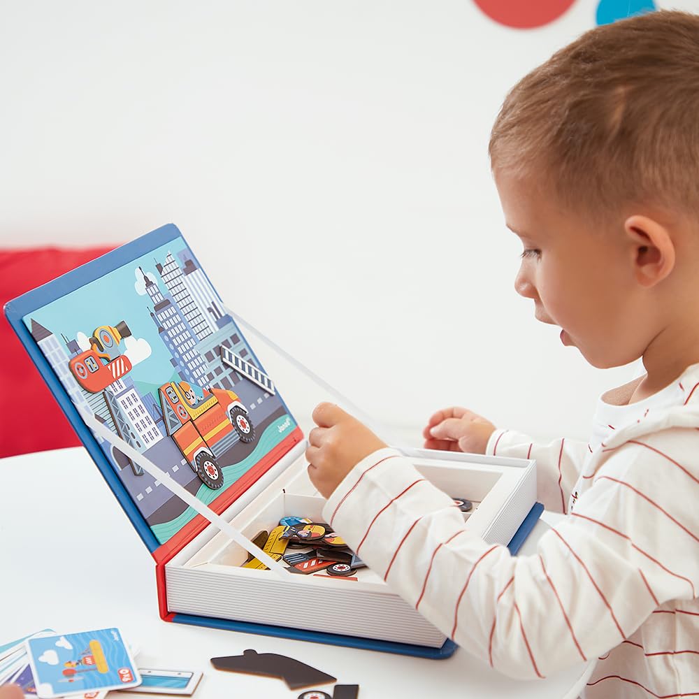 Janod Magnéti'Book Firefighters – Magnetic Educational Game for Kids 3+ | 60 Magnets, 18 Models