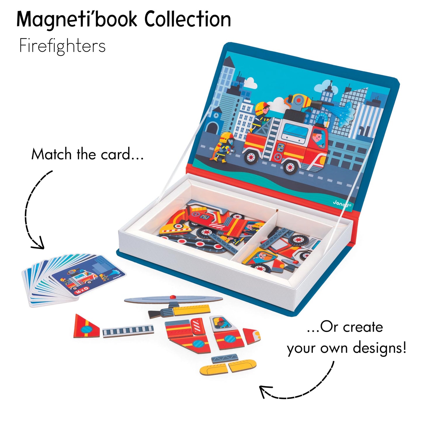 Janod Magnéti'Book Firefighters – Magnetic Educational Game for Kids 3+ | 60 Magnets, 18 Models