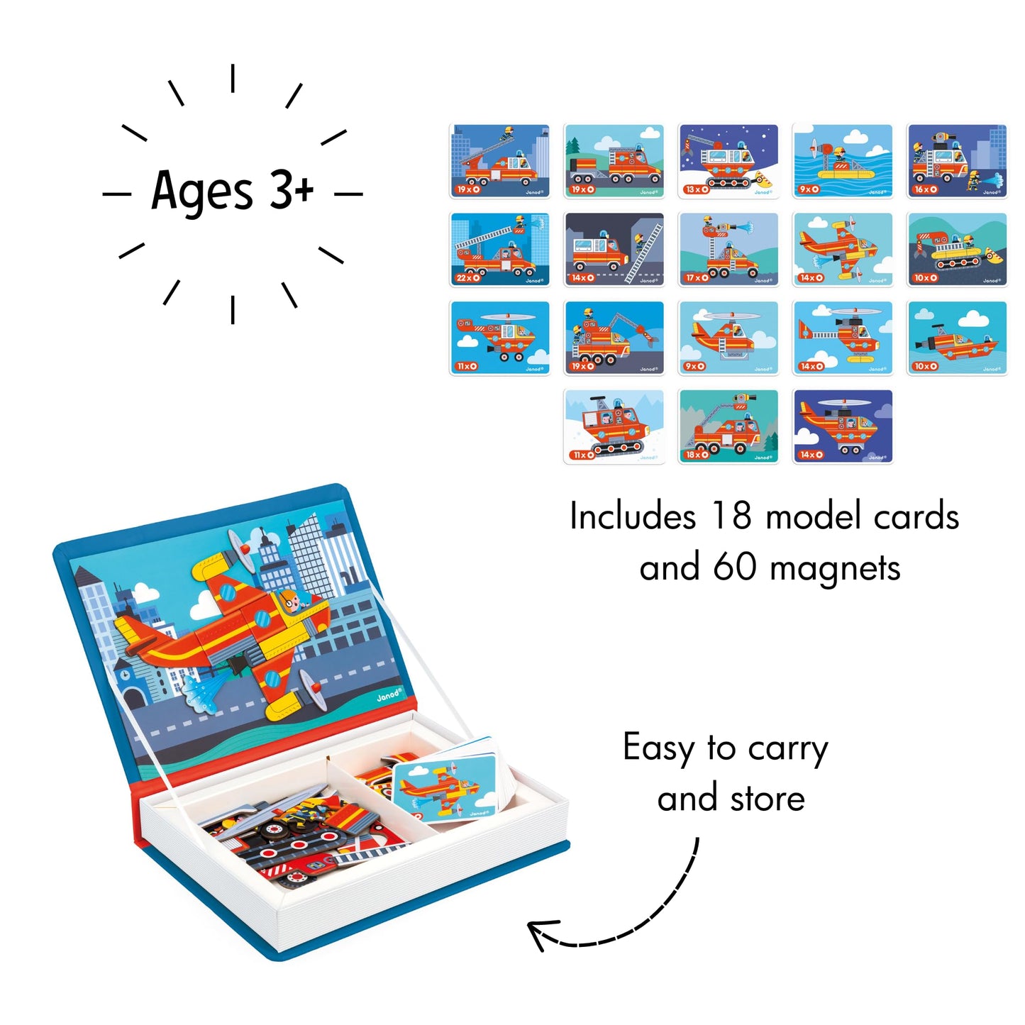 Janod Magnéti'Book Firefighters – Magnetic Educational Game for Kids 3+ | 60 Magnets, 18 Models