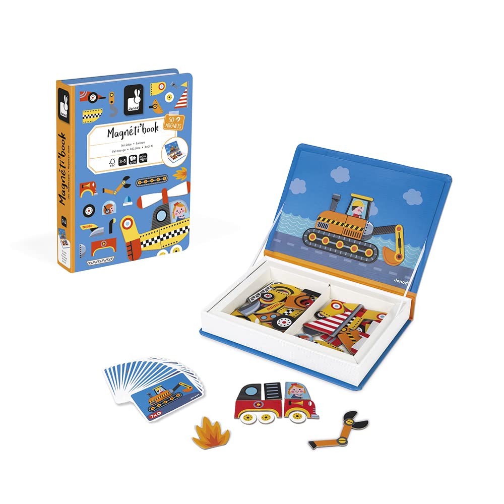 Janod MagnetiBook 69-piece Magnetic Racers Vehicle Game – Ages 3+, Build, Create & Learn