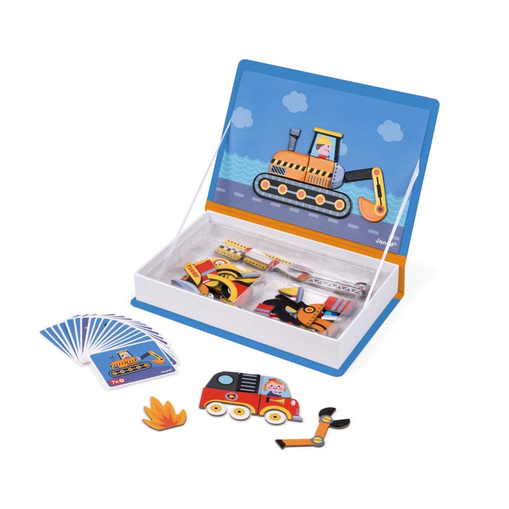 Janod MagnetiBook 69-piece Magnetic Racers Vehicle Game – Ages 3+, Build, Create & Learn