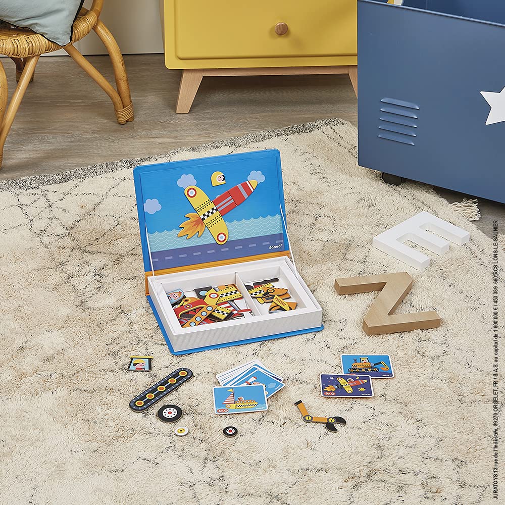 Janod MagnetiBook 69-piece Magnetic Racers Vehicle Game – Ages 3+, Build, Create & Learn