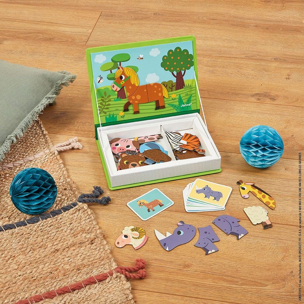 Janod MagnetiBook 41 pc Magnetic Animal Mix & Match Game – Creative Play, Fine Motor Skills, Safe Travel Storage