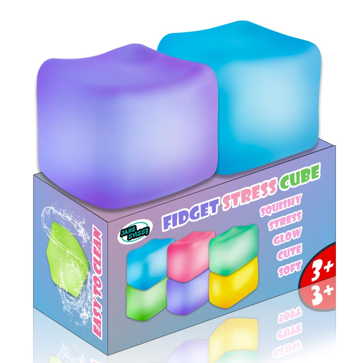 JANESVISSY Glow in the Dark Stress Cube - 2 Pcs Fidgets (Blue + Purple)