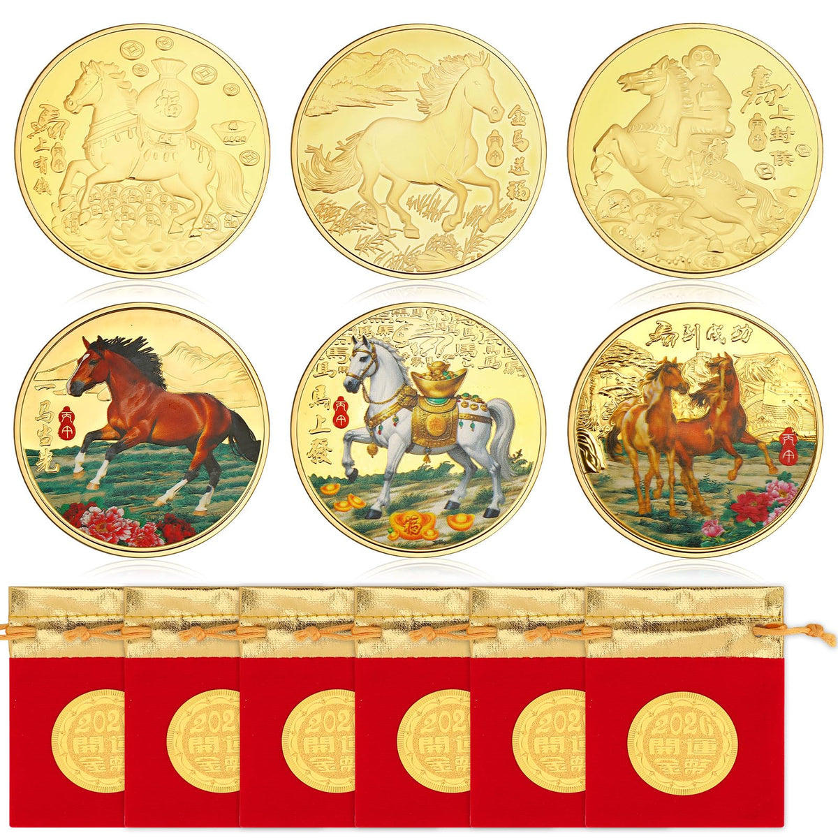JANYUN 6-Pcs Lucky Chinese Coins Set – Year of the Horse 2026 Commemorative Gift Pack