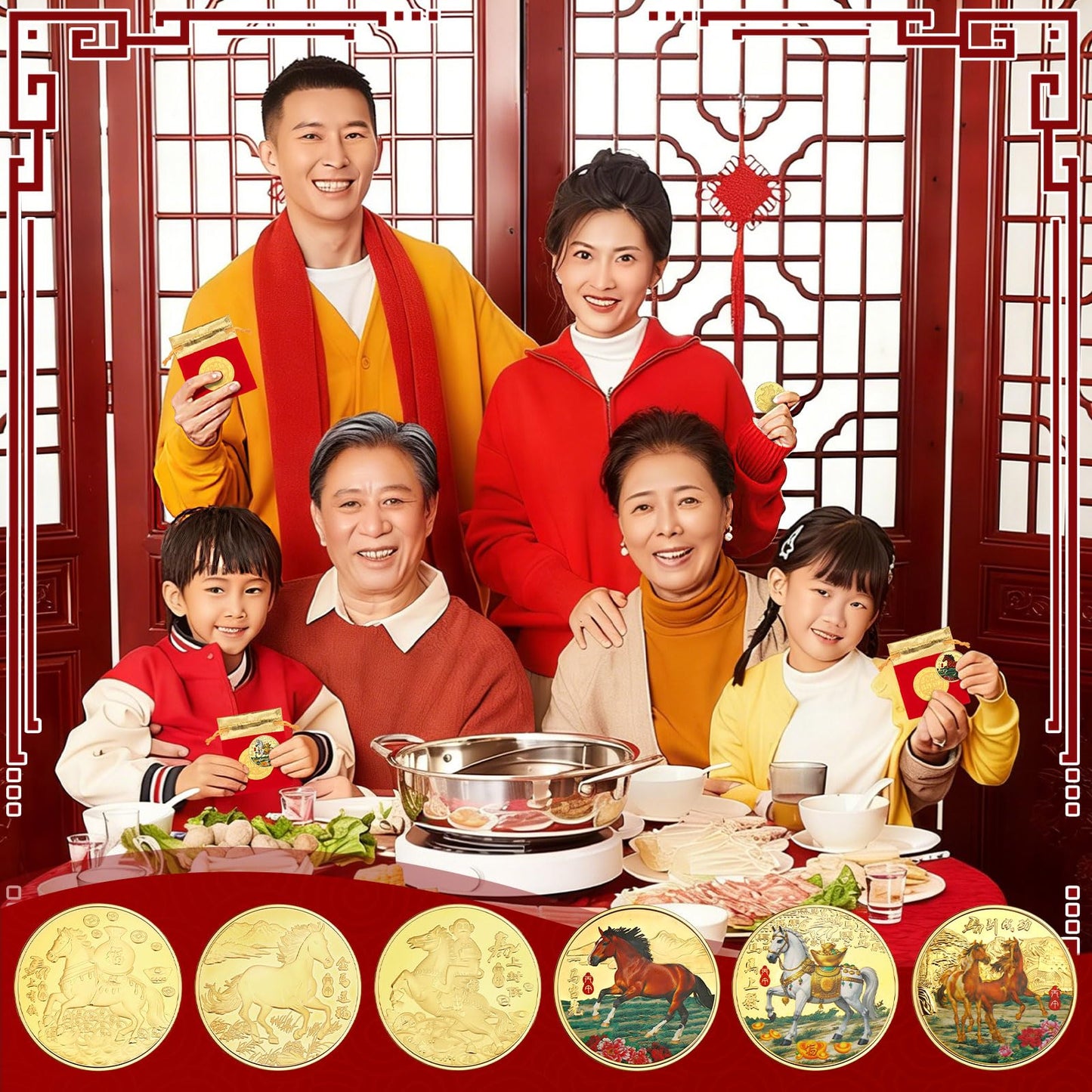 JANYUN 6-Pcs Lucky Chinese Coins Set – Year of the Horse 2026 Commemorative Gift Pack