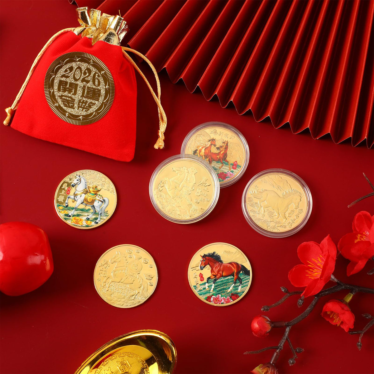 JANYUN 6-Pcs Lucky Chinese Coins Set – Year of the Horse 2026 Commemorative Gift Pack