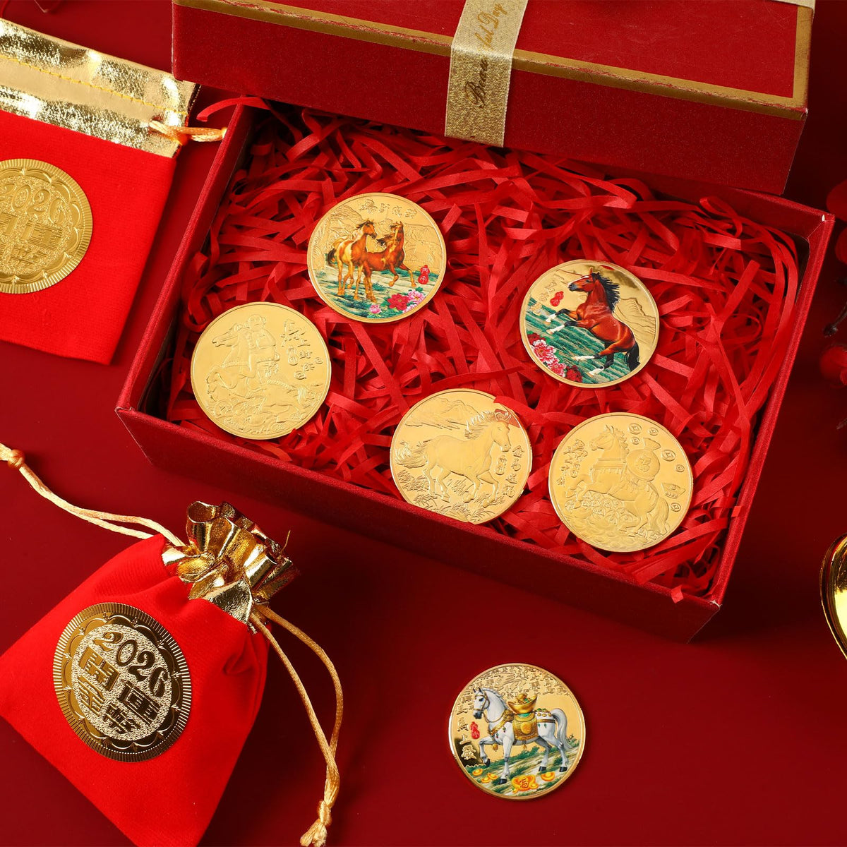 JANYUN 6-Pcs Lucky Chinese Coins Set – Year of the Horse 2026 Commemorative Gift Pack