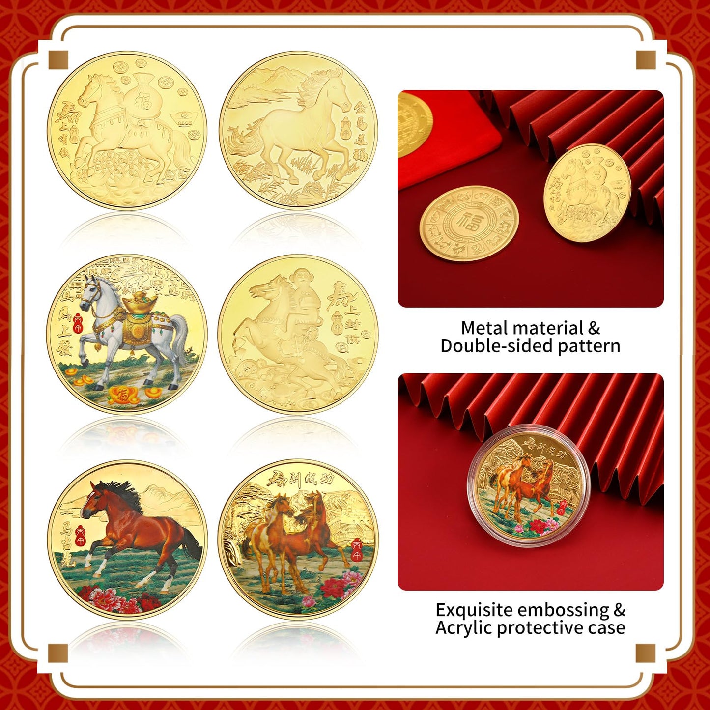JANYUN 6-Pcs Lucky Chinese Coins Set – Year of the Horse 2026 Commemorative Gift Pack