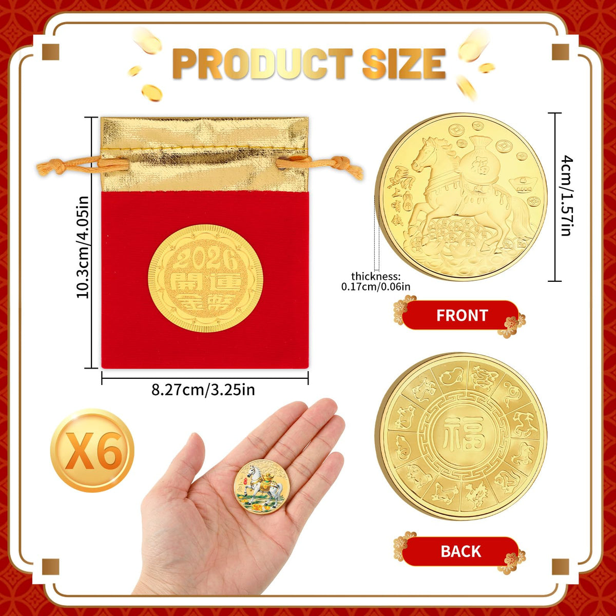 JANYUN 6-Pcs Lucky Chinese Coins Set – Year of the Horse 2026 Commemorative Gift Pack