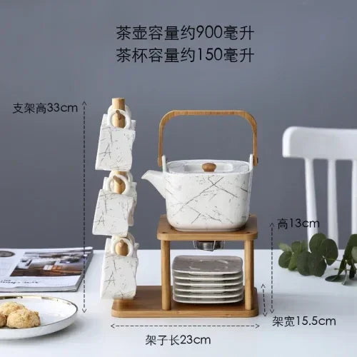 Japanese Ceramic Marble-Effect Teapot & Cup Set with Bamboo Handle and Warmer Stand – 7 Piece Tea & Coffee Set