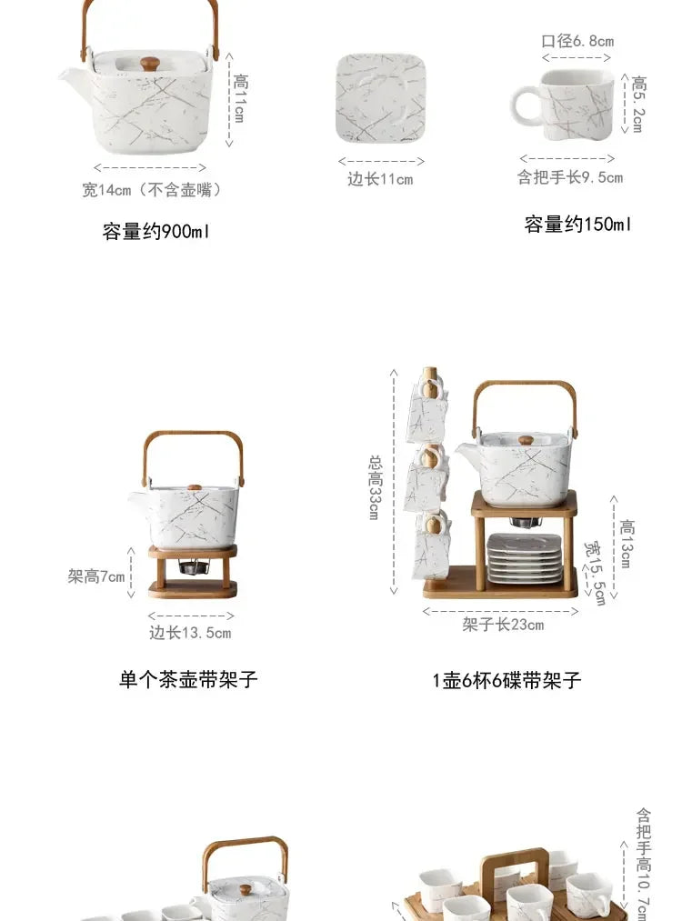 Japanese Ceramic Marble-Effect Teapot & Cup Set with Bamboo Handle and Warmer Stand – 7 Piece Tea & Coffee Set