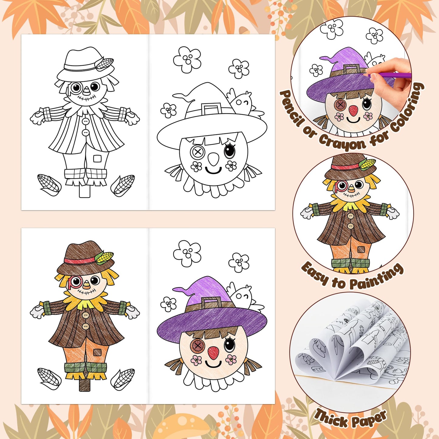 JAPBOR Fall Scarecrow Coloring Books – 24 Mini Autumn Pages for Kids