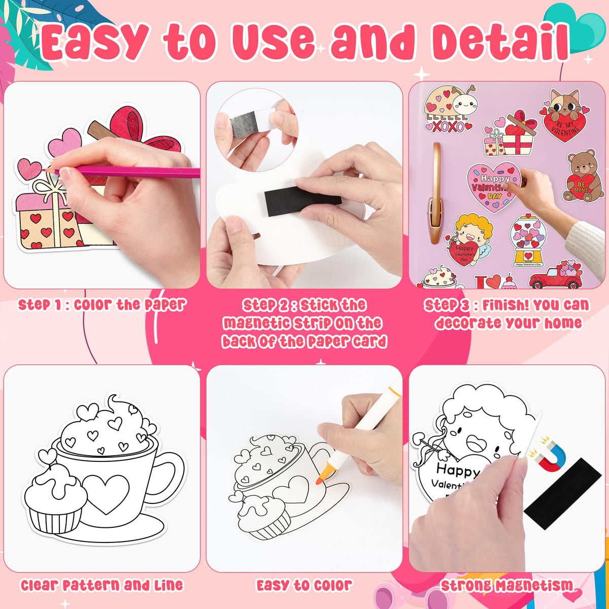 JAPBOR Valentine Coloring Craft Kit – 30PCS Magnetic Coloring Cards & Fridge Magnets for Kids