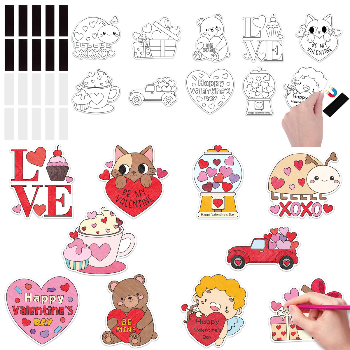 JAPBOR Valentine Coloring Craft Kit – 30PCS Magnetic Coloring Cards & Fridge Magnets for Kids