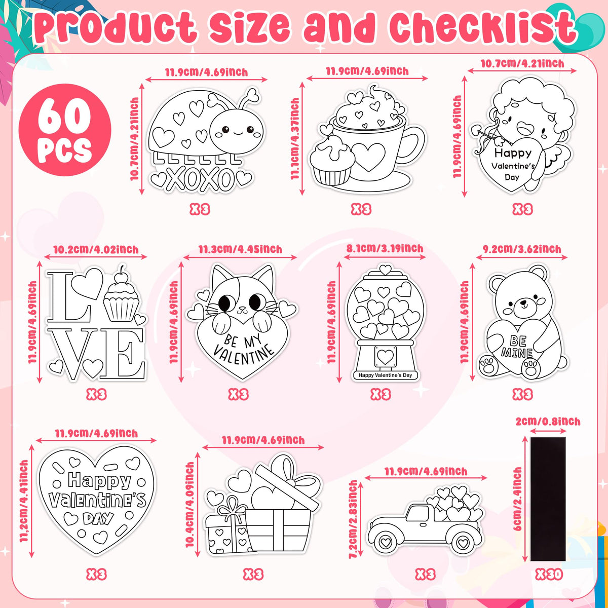 JAPBOR Valentine Coloring Craft Kit – 30PCS Magnetic Coloring Cards & Fridge Magnets for Kids