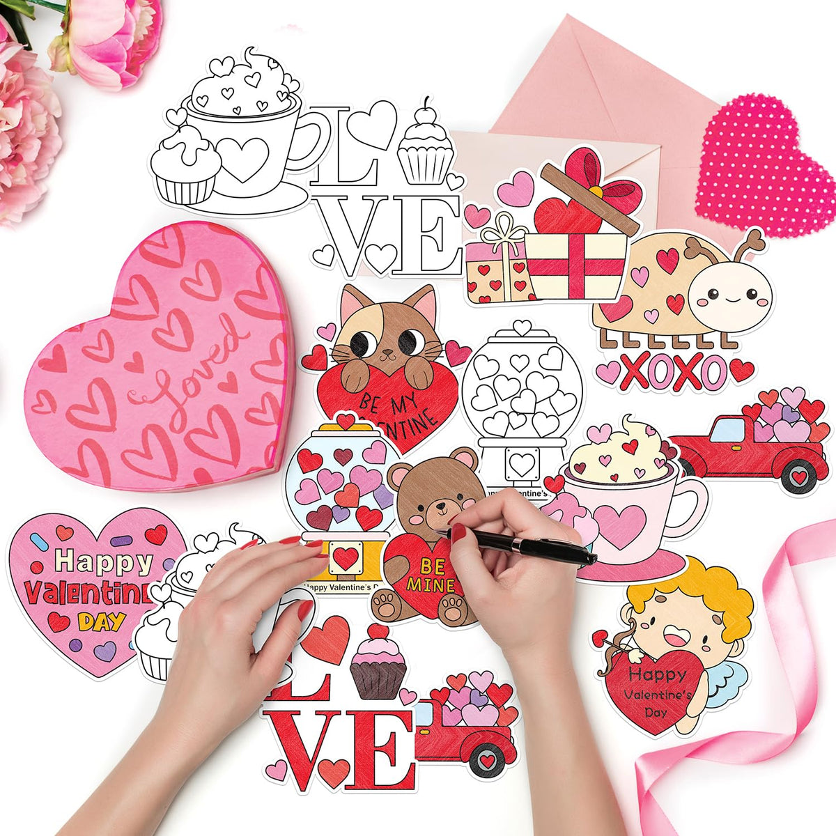 JAPBOR Valentine Coloring Craft Kit – 30PCS Magnetic Coloring Cards & Fridge Magnets for Kids