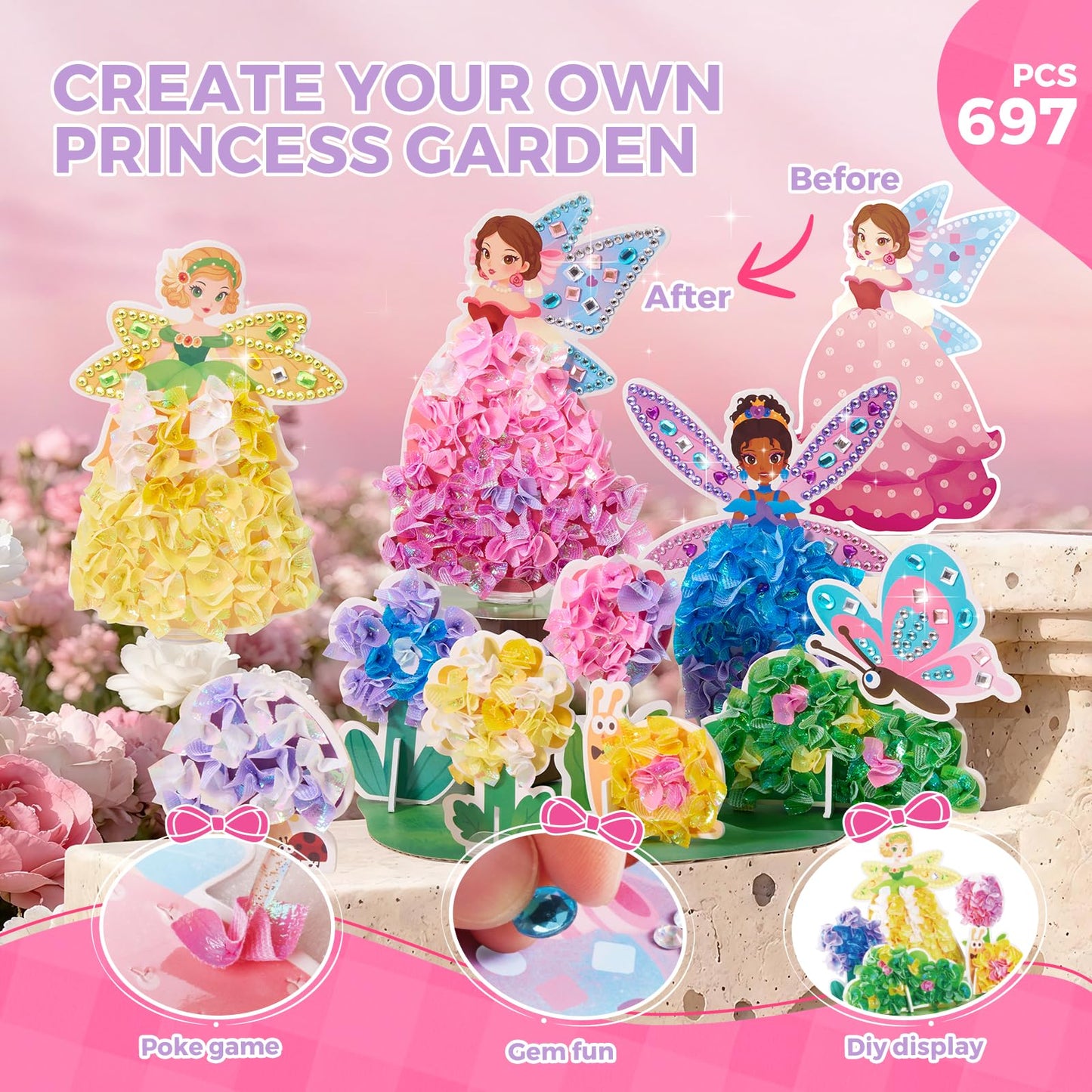 Jar Melo 3-in-1 Princess Garden Poke Crafts Kit for Girls | Diamond Art & DIY Toys
