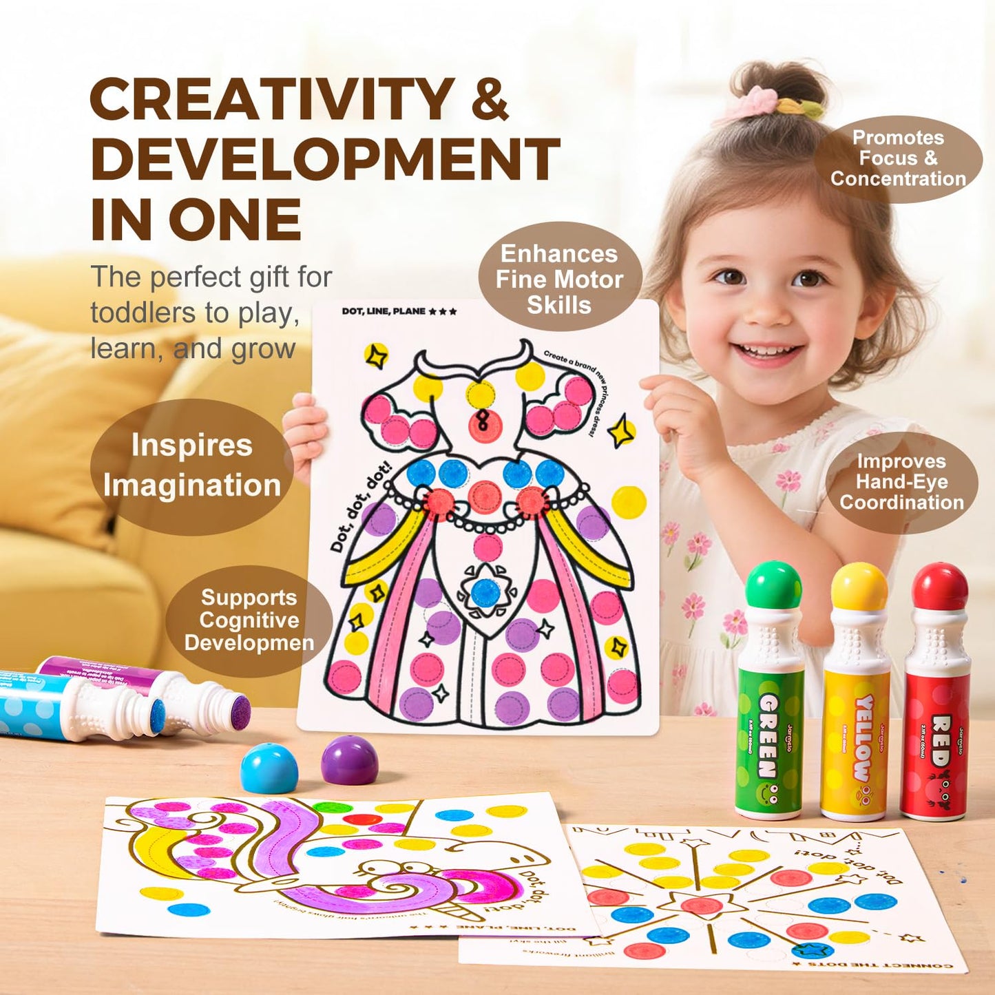 Jar Melo Washable Dot Markers for Toddlers – 12 Colors, 120 PDFs & 20 Activity Papers