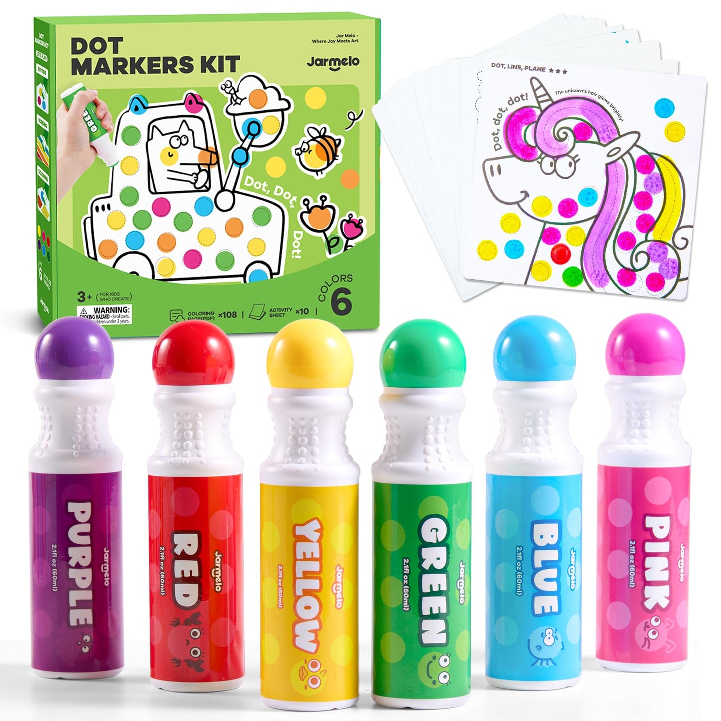 Jar Melo Washable Dot Markers for Toddlers – 6 Colors, 120 PDFs + 10 Activity Sheets (Non-Toxic)