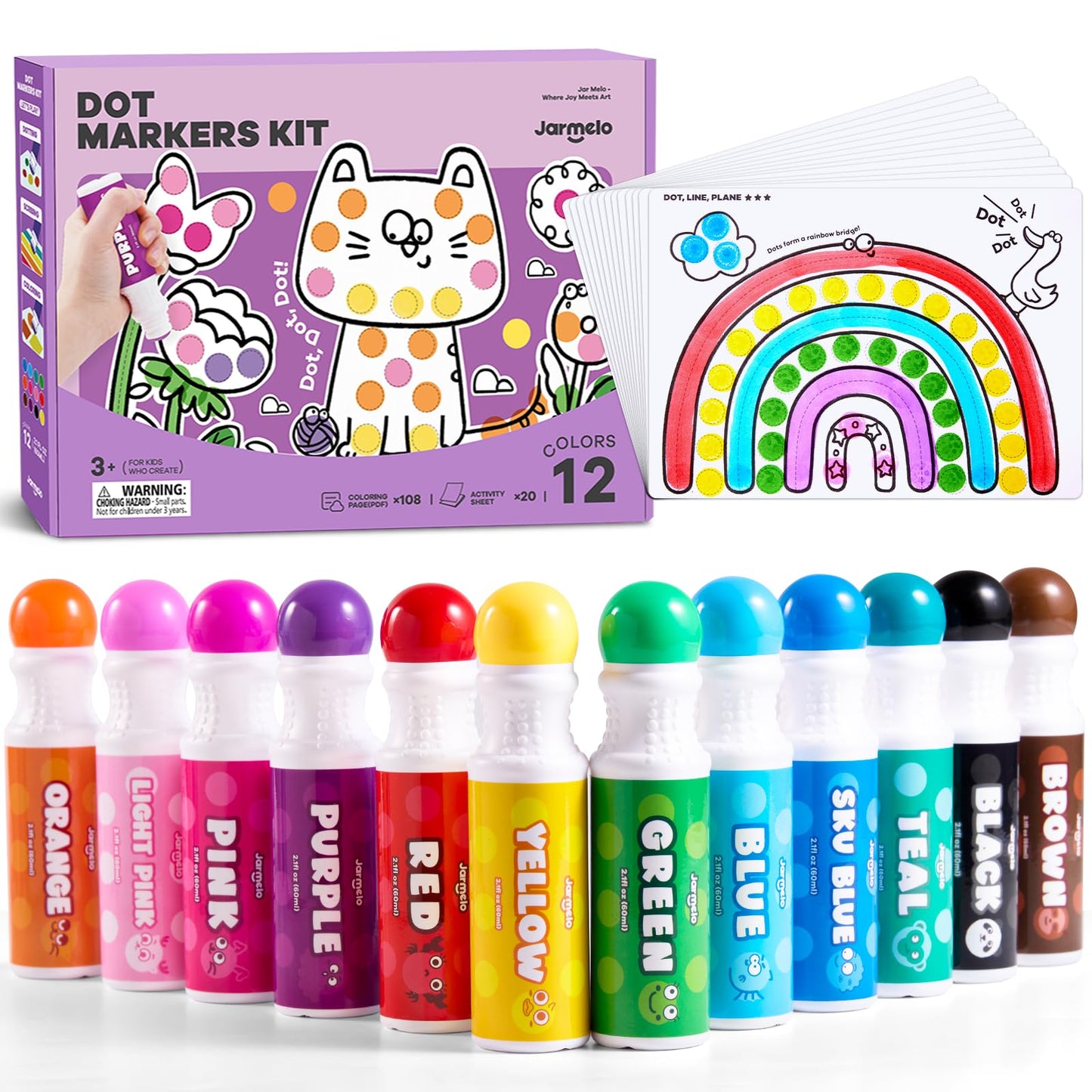 Jar Melo Washable Dot Markers for Toddlers – 12 Colors, 120 PDFs & 20 Activity Papers